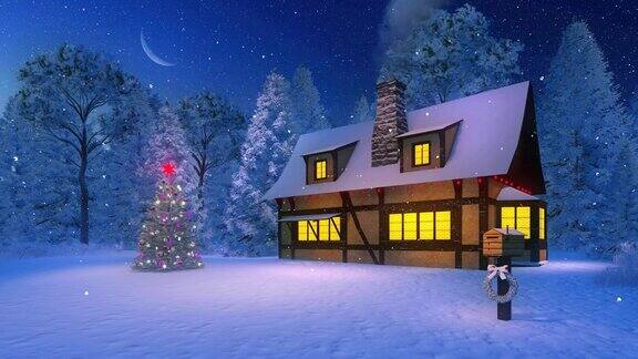 彩灯圣诞树和乡村房子在雪夜与半月