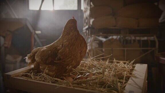 母鸡在板条箱里的干草上下蛋