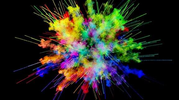 爆炸的火药孤立在黑色背景3d动画的粒子作为彩色的背景或覆盖效果迸发出彩虹般的色彩粉饼呈现出明亮如胡里节46