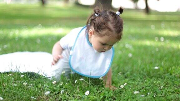 宝宝第一次在草地上爬