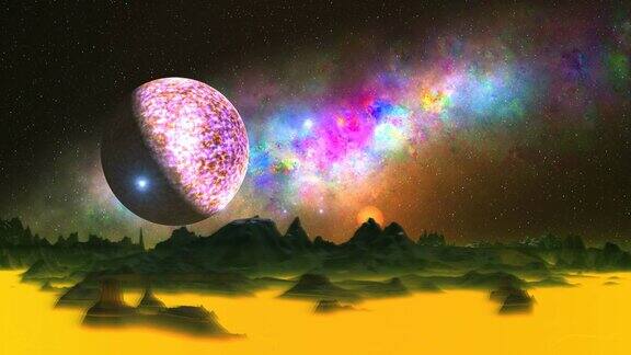 飞碟月亮和美丽的星云在一个外星行星