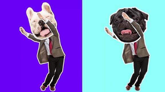 最小的动画动作设计有趣的狗脸在跳舞的人流行和舞蹈的情绪商人在定格二维现代概念当代波普艺术拼贴聚会、商务、概念
