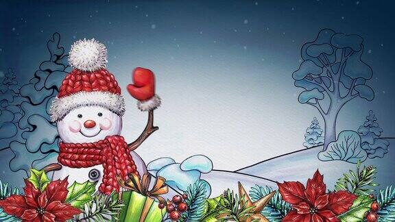 水彩动画卡通雪人节日快乐贺卡冬季景观节日花环和装饰品