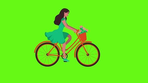一个穿着绿色连衣裙的女孩骑着一辆自行车花篮里放着花在绿色背景上骑自行车的动画插图