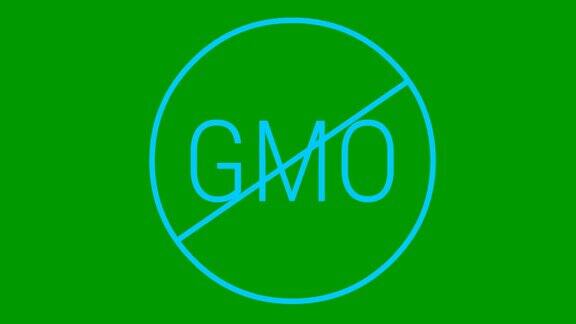 动画蓝色图标GMO免费非转基因食品矢量图孤立在绿色背景上