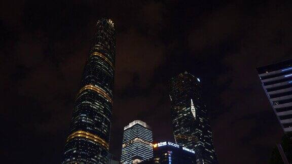 夜光照亮广州市区著名的摩天大楼俯瞰4k中国
