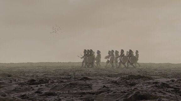一群带着盾牌、剑和头盔的斯巴达勇士走向战场