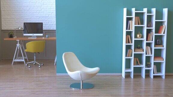 现代客厅蓝色壁纸装饰木质调色板书架冲浪板风格扶手椅金色灯和绿色植物风格