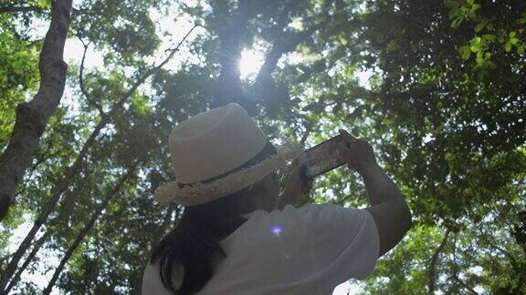 夏天戴着草帽的女植物学家在热带雨林里用手机拍照研究