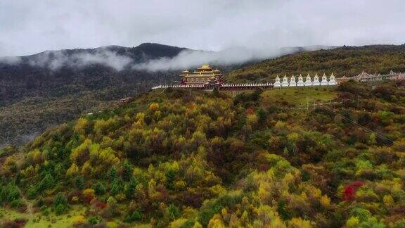 一座藏传佛教寺庙矗立在五彩缤纷的森林中