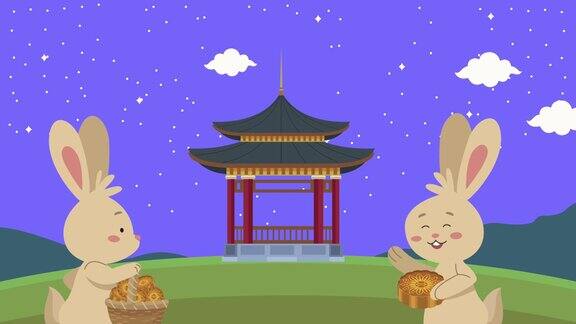快乐的中秋节动画兔子和宝塔