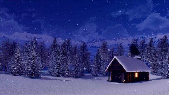 雪夜白雪覆盖的山间小屋