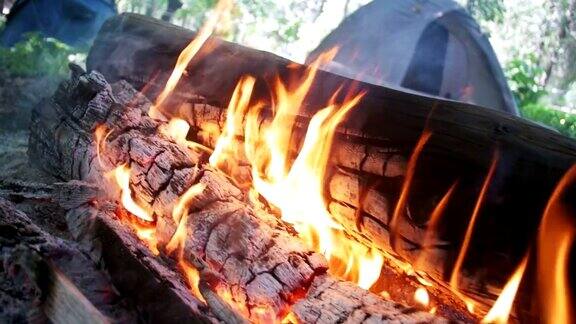 篝火在露营中燃烧在一个帐篷和原木在森林慢动作