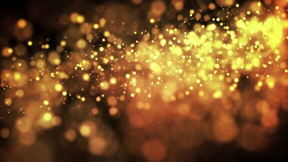 黄金颗粒在液体中漂浮并闪闪发光背景与金光闪闪的粒子景深和散景Luma哑光切割发光粒子用于节日展示4k的3d动画10