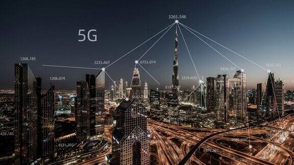 迪拜城市和5G网络概念从白天到夜晚阿联酋