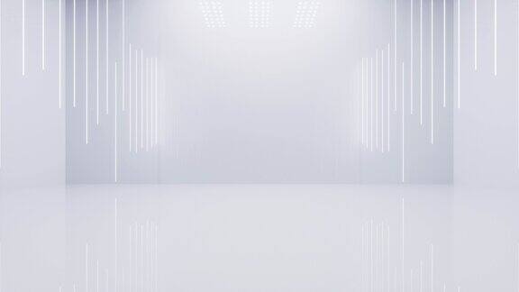 白色的空房间与发光的霓虹灯线3d渲染