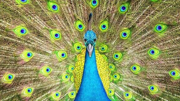 正面的蓝色雄性印度孔雀和充分展开的尾巴羽毛的背景