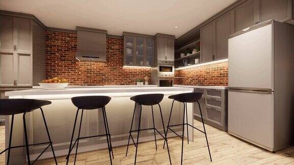3d渲染室内设有厨房的现代开放式生活空间现代阁楼风格复式公寓住宅家居装饰室内设计