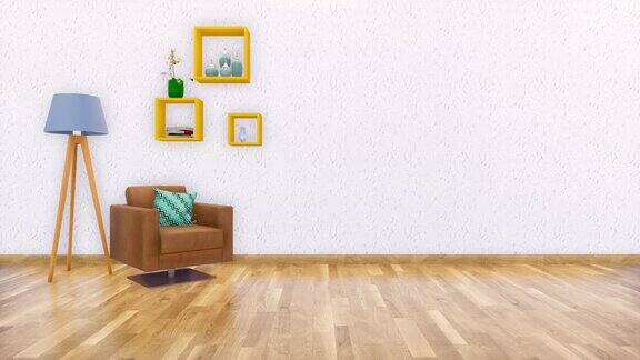扶手椅在极简主义客厅室内3D动画