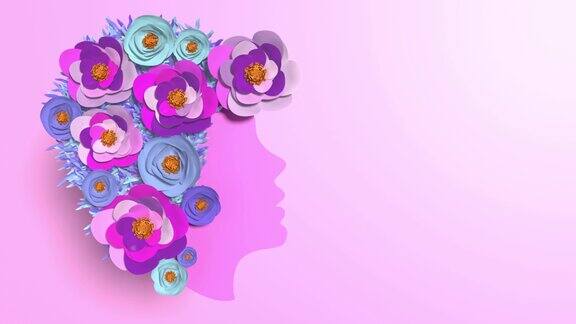 女性剪影与花做一个心脏形状庆祝3月8日国际妇女节4K分辨率动画