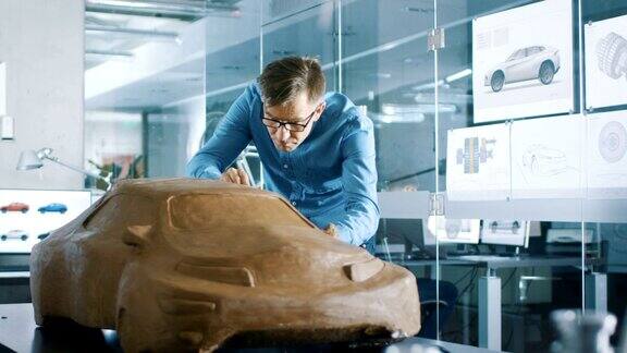 体验汽车设计师与耙雕刻原型汽车模型从橡皮泥粘土他在一家大型汽车公司总部的现代工作室工作