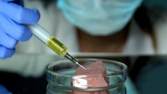 科学家在肉类样品中注射液体进行产品质量分析