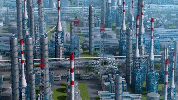 石油和天然气炼制工厂工厂轨道视图工业石油区钢管和储油罐无人机飞越植物上空射击生成的3d图像理想的背景的计划