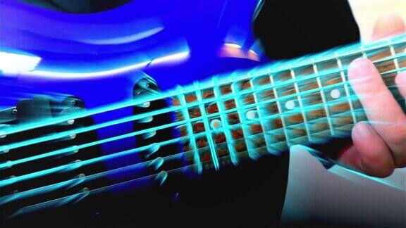 吉他手演奏摇滚电吉他音乐家在夜总会抽象吉他近距离光Fx