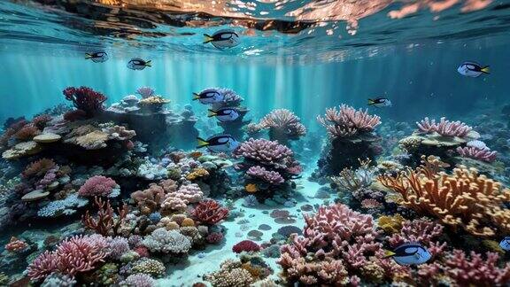 热带鱼在珊瑚礁上的海底景象