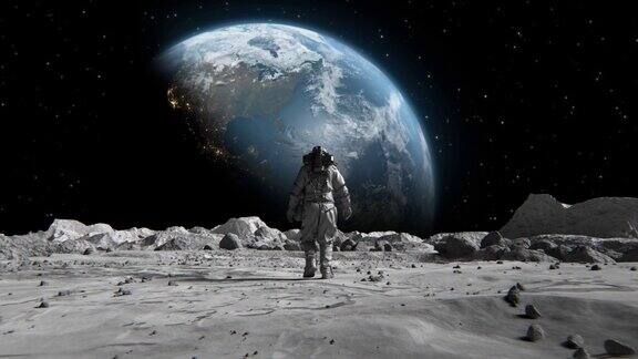 宇航员穿着宇航服自信地在月球上走向地球