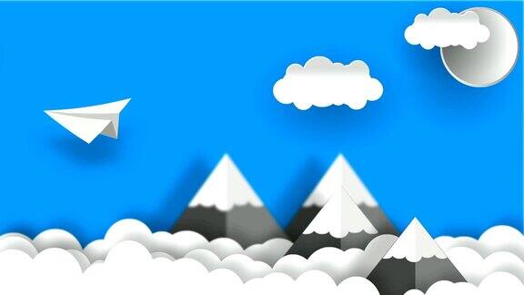 纸飞机在蓝天上飞行纸上有云和山的背景无缝循环