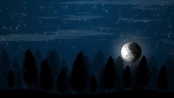 树和发光的星星闪烁动画在夜晚与月亮月亮升起森林观看动画视频与闪烁的星星星空在夜晚星星的背景在夜晚被美丽的树木包围