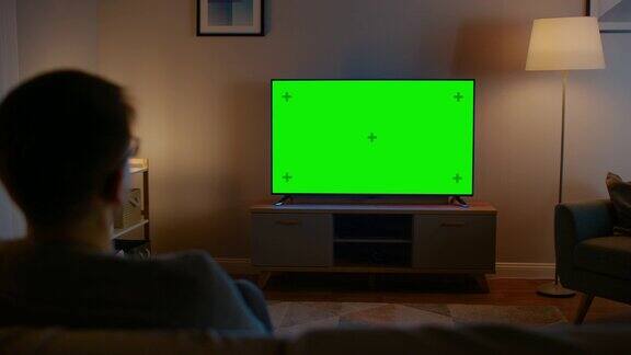 戴眼镜的年轻人正坐在沙发上看水平绿色屏幕模拟电视现在是晚上家里的房间有工作灯