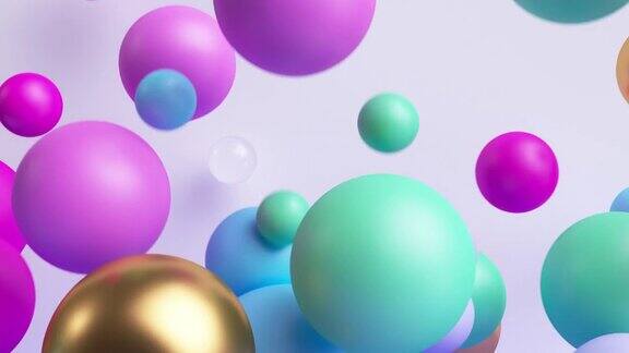 3d动画4k抽象的背景与彩色球落下和跳跃喜庆的粉红色、蓝色、金色气球