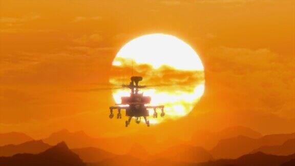 阿帕奇AH-64直升机在日落时分飞越群山天气炎热热变形
