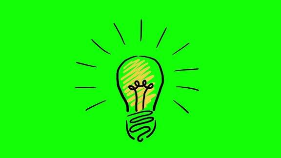 手绘动画灯泡发明或想法概念镜头包括绿色屏幕和哑光