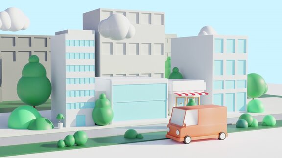 3d动画城市景观卡通背景快递车在城市里行驶