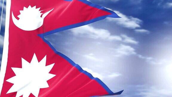 蓝色的天空中尼泊尔国旗在风中缓缓飘扬