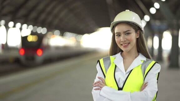 微笑的女工程师手臂交叉在火车站的肖像