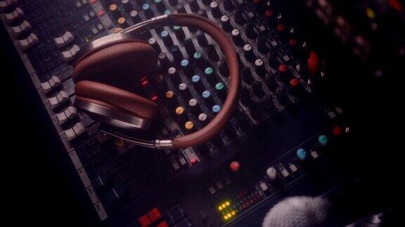 音乐dj工作室混音控制面板上的耳机