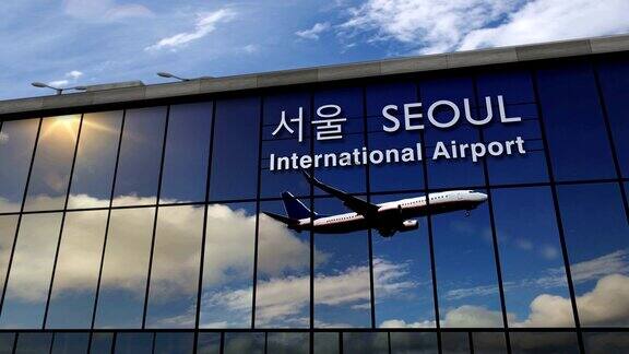 飞机在首尔降落在航站楼