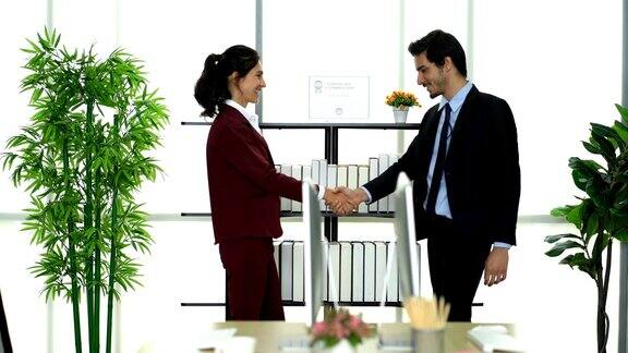美丽的女商人与英俊的商人在一个现代办公室握手