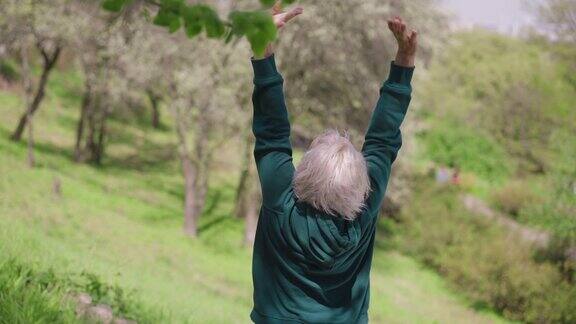 后视图满意的老年白发白种人妇女举起手伸展在阳光灿烂的公园户外快乐放松苗条的退休女性享受夏日慢动作