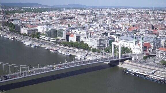 布达佩斯匈牙利多瑙河沿岸的城市景观包括伊丽莎白桥和摩天轮倾斜视图在晴朗天空的夏天城市视图