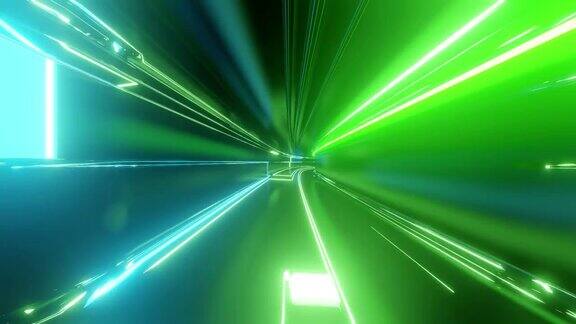 带有霓虹灯的4k环形抽象高科技隧道摄像机穿越隧道蓝绿霓虹灯闪烁科幻背景的赛博朋克风格或高科技未来背景11