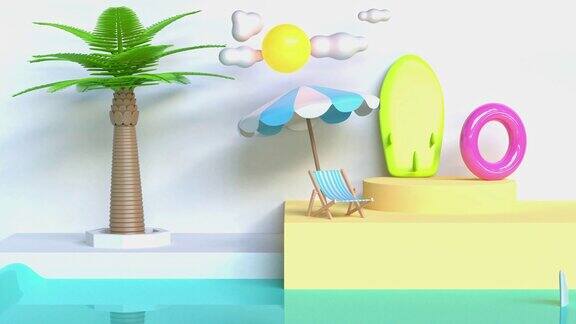 水椰子棕榈树海滩抽象几何卡通风格夏季旅游冲浪板运动户外运动3d渲染
