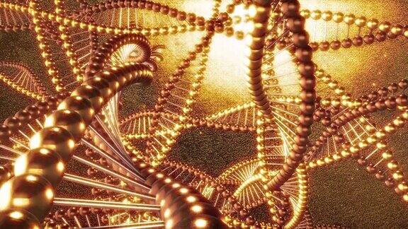 金色的几何背景和DNA分子的漩涡3D渲染循环全高清