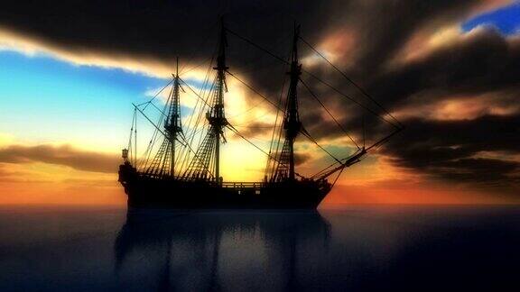 旧船在海上日落