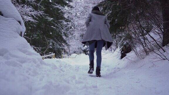 近距离观察仙子冬天的森林女孩独自穿过白雪覆盖的森林