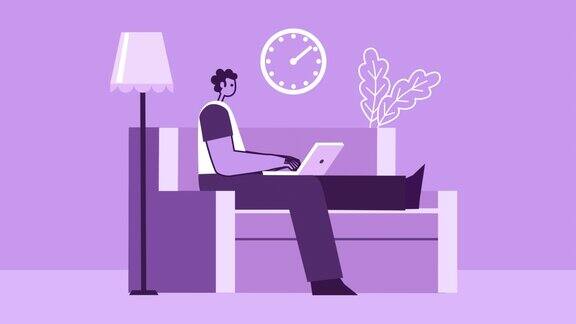 紫色风格的男人扁平的角色在家里的沙发上用笔记本电脑工作带有Alpha通道的孤立动画
